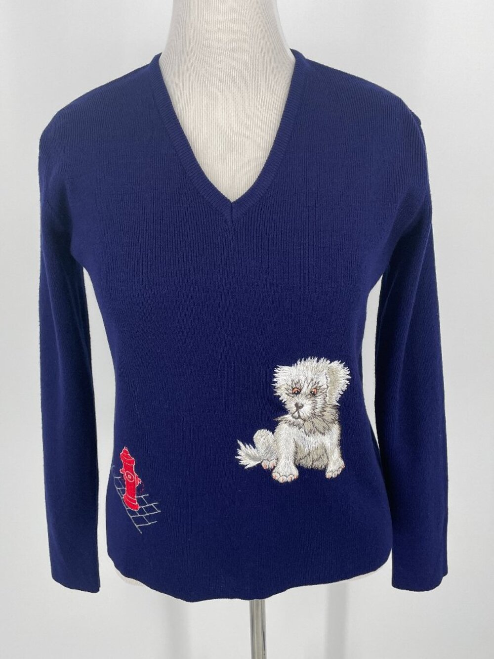 Vintage LeRoy Knitwear Blue Dog & Fire Hydrant Novelty Embroidered Sweater L/XL